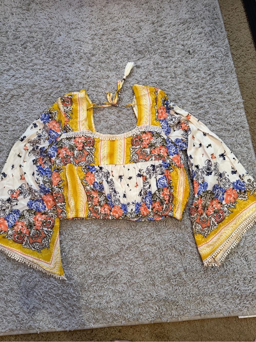 Yellow Floral Cropped Peasant Top with Square Neck and Tie Back